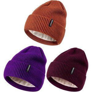 Women Purple+dark Orange 3-Pack Winter Beanie Hats Fleece Lined Warm SkullCaps